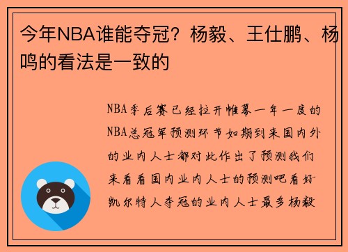 今年NBA谁能夺冠？杨毅、王仕鹏、杨鸣的看法是一致的